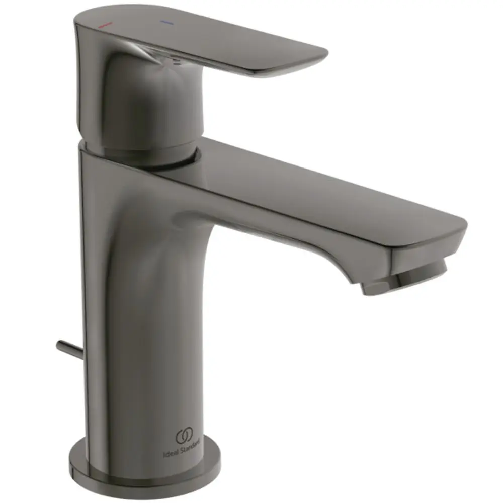 Ein grauer Wasserhahn von Ideal Standard mit flacher Bedienung und seitlichem Hebel zum regulieren von Temperatur und Wasserfluss.